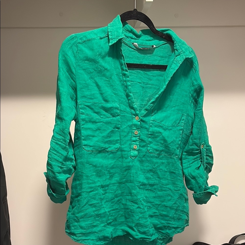 Zara Green Linen Button-Up Shirt